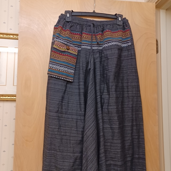 Grey embroidered Harem Indian Boho festival drawstring Unisex pocket pants Sz L - Picture 4 of 7